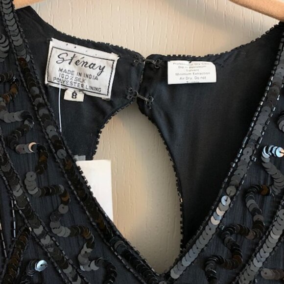 Stenay Beaded Vintage Black Silk Dress Size 8 V-Neck Back Zip NWT - Picture 2 of 9